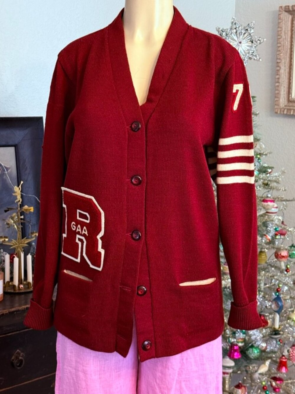 1950s KANDEL LETTERMAN SWEATER Burgundy Red w/Ivory Stripes&Letters